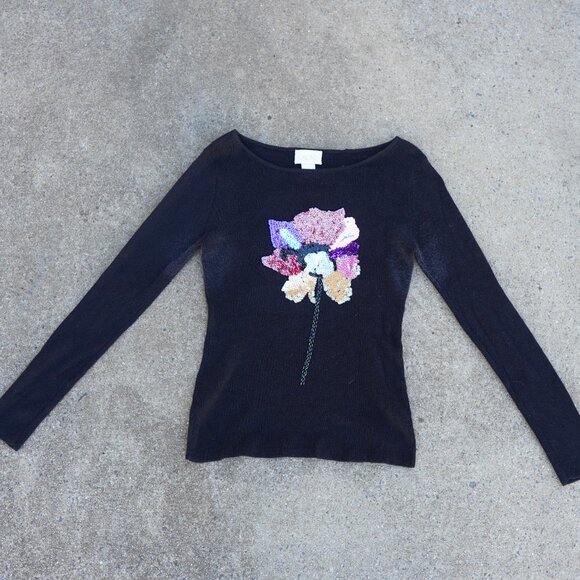 Vintage CACHe Black Sequin Floral Knit Sweater L - Picture 1 of 10